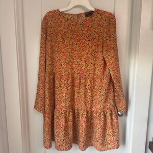 ASOS DESIGN long sleeve tiered Mini Dress in Floral Gold Red Pink Size 12 NEW